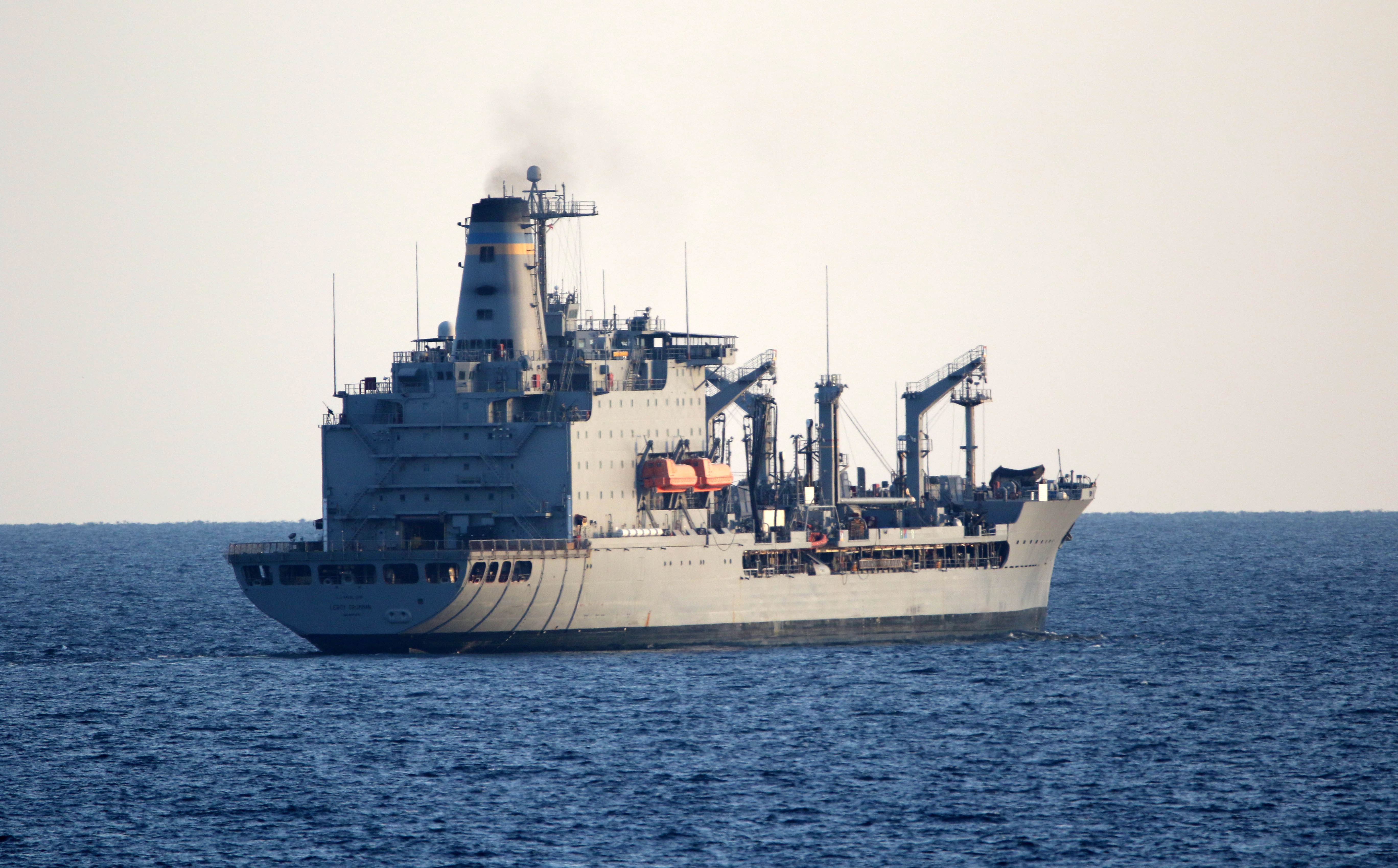 The replenishment oiler USNS Leroy Grumman sailing in the Strait of Hormuz.