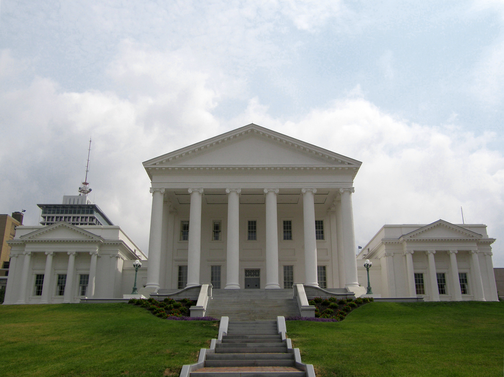 Virginia State Capitol in Richmond with its white columned portico and grounds